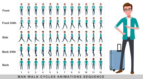 Sétáló animáció üzletember, Character Walk Cycle Animation Sequence. Képkockáról képre animáció sprite lap. Man walking szekvenciák Első, oldalsó, hátsó, első három negyedik és hátsó három negyedik. - Fotó, kép