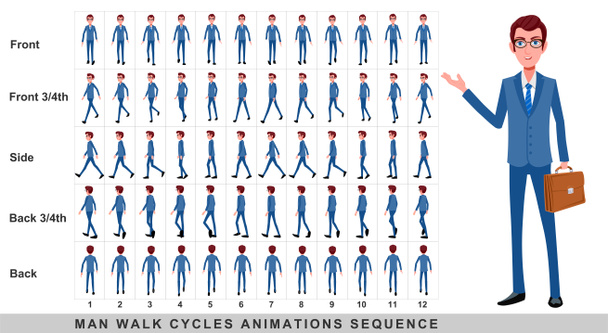 Chůze animace podnikatele, Character Walk Cycle Animation sekvence. Frame by frame animation sprite sheet. Muž kráčející sekvence přední, boční, zadní, přední tři čtvrtý a zadní tři čtvrtý. - Fotografie, Obrázek