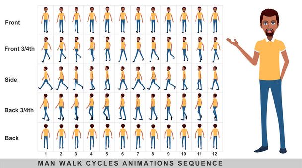 Ходячая анимация бизнесмена, Character Walk Cycle Animation Sequence. Меня по кадрам анимации спрей-лист. Человек идет последовательности фронт, сторона, спина, фронт три четвертая и задняя три четвертая. - Фото, изображение