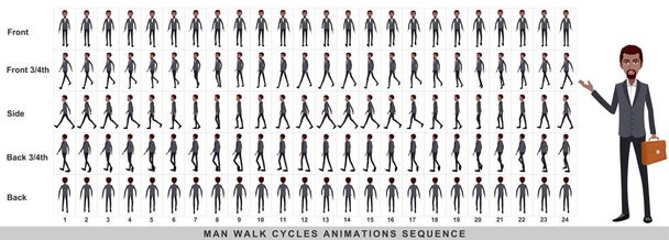 Gehanimation des Geschäftsmannes, Character Walk Cycle Animation Sequence. Frame für Frame Animation Sprite Sheet. Mann geht Sequenzen von Front, Seite, Rücken, vorne drei Viertel und hinten drei Viertel. - Foto, Bild