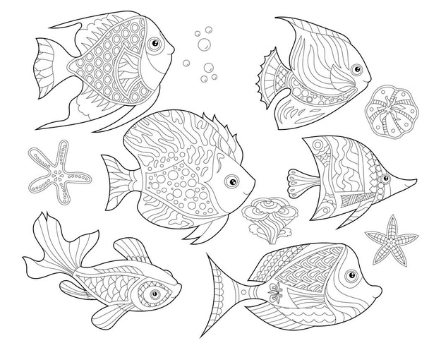Contour linear illustration. Set  with fishes and ocean corals for coloring book. Cute objects, anti stress picture. Line art design for adult or kids in zentangle style and coloring page. - Vettoriali, immagini