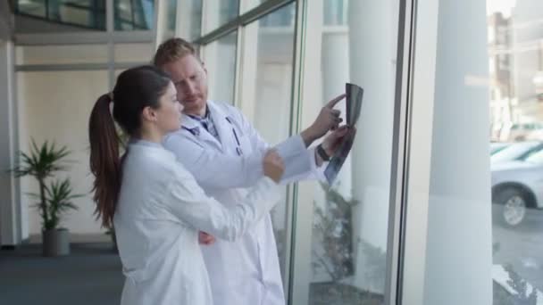 Команда врачей осматривает рентгеновские снимки в офисе - Кадры, видео