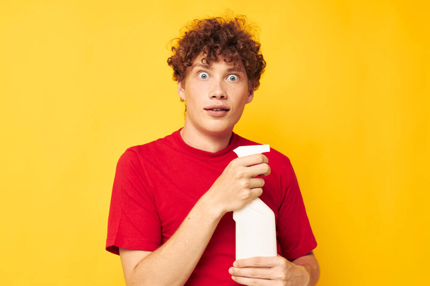 guy with red curly hair detergent posing emotion isolated background unaltered - Photo, image