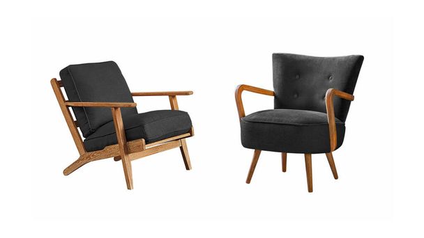 Два черных роскошных классических кресла с деревянными ножками с вырезанной дорожкой на белом фоне. Серия мебели - Фото, изображение