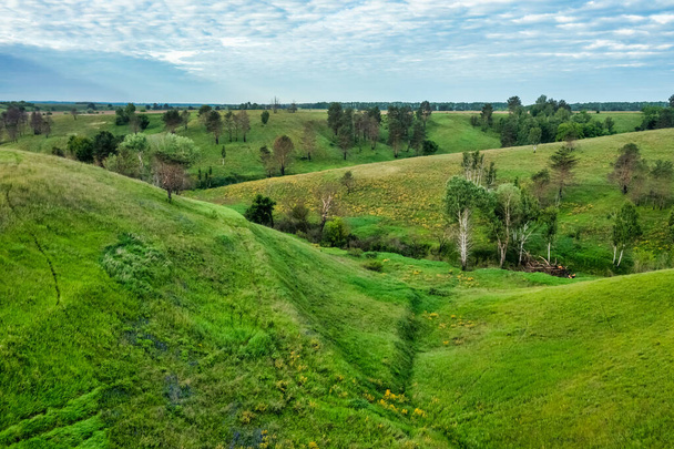 Colline pendii ricoperti di erba verde, riserva naturale ucraina Islanda, vicino Vasylkiv, Ucraina. Vista aerea - Foto, immagini