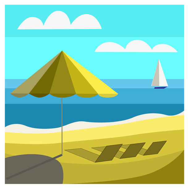.Summer sea beach. Beach,umbrella, deck chairs. - Vector, imagen