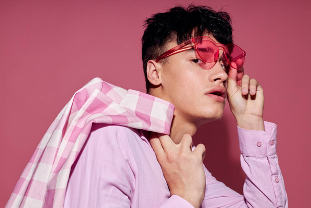 Photo of romantic young boyfriend plaid blazer pink glasses fashion modern style Lifestyle unaltered - Photo, Image