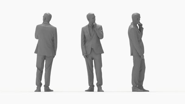 Representación 3D de un hombre de negocios casual vista frontal y trasera. Pensando en una postura dudosa. Modelo de renderizado por computadora silueta aislada. - Foto, Imagen