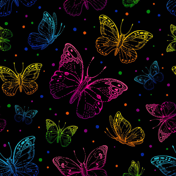 Butterfly pattern. Vector seamless background. Abstract black fabric design. Cute illustration with neon pink, blue, purple butterfly silhouette. Spring or summer drawing. Floral graphic pattern art - Vektor, obrázek