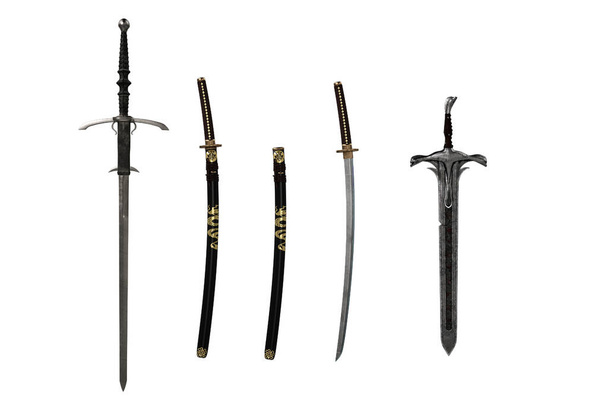Japonês Katana espada com bainha e 2 outras espadas de fantasia. 3D renderização isolada no fundo branco. - Foto, Imagem