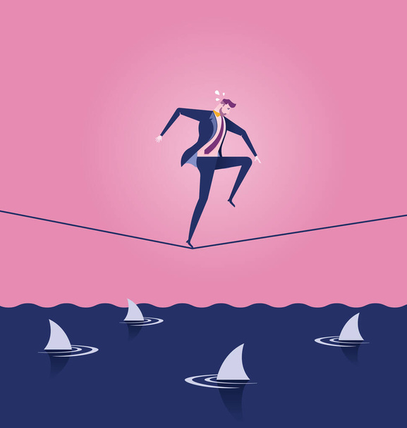 Empresário Caminhando uma corda bamba sobre o mar de tubarões - Business Concept Illustration - Vetor, Imagem