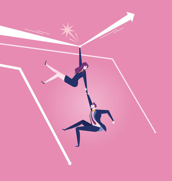 Businesswoman hanging on arrow to rescue a falling Businessman  - Business concept vector - Vector, Image