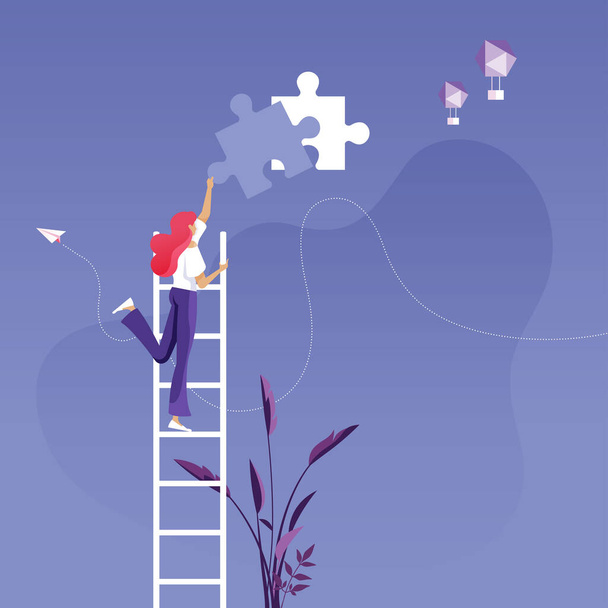 Businesswoman on ladder installing the final piece of puzzle-Business success concept - Vector, Image