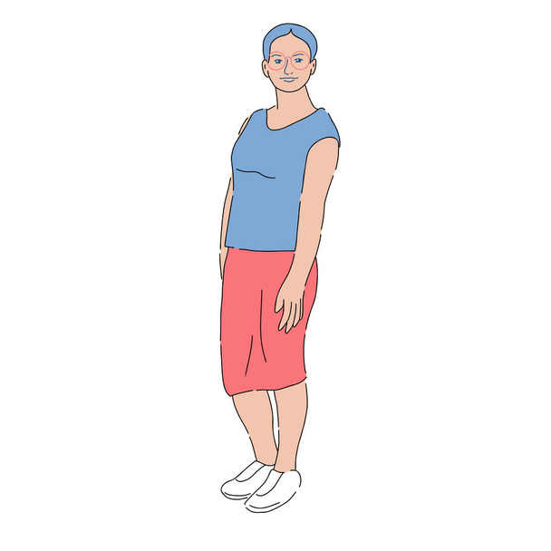 Молодая женщина в очках в повседневной одежде, нарисованная вручную, стоящая изолированная в свободной позе векторной иллюстрации - Вектор,изображение