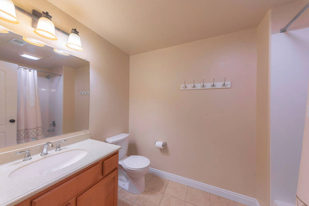 Традиционный интерьер ванной комнаты с бежевой стеной и белой плинтусом - Фото, изображение