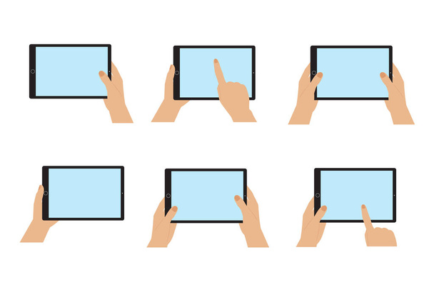 Hands holding tablet set.Templates, mock-ups of empty touch screens. Space for your image or text. Flat style,minimalist design.Isolated.Vector illustration - Vector, Image