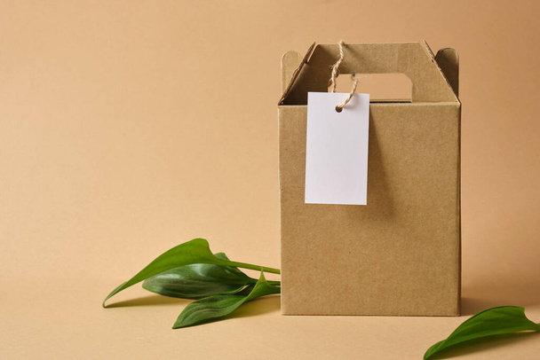 cardboard box with handles for delivery or gift, leaves and white mockup blank tag for marking or inscription Eco friendly packaging, paper recycling, zero waste, natural products concept. - Фото, зображення