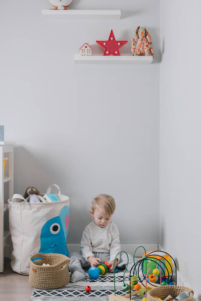 Little boy toddler playing with a children s multi-colored developing pyramid. Home lifestyle concept. Children's room - Foto, afbeelding