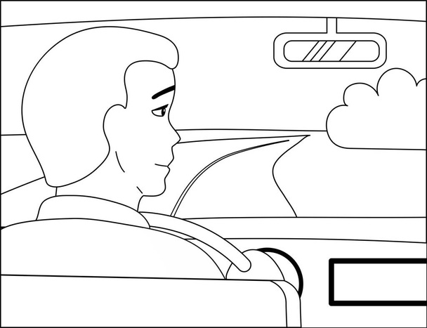 Voyage, voyage.Vecteur noir et blanc. Un jeune homme conduit une voiture sur la route. - Vecteur, image