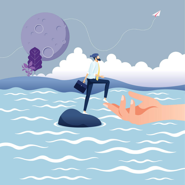Helping hand concept-Big hand Assistance businessman is trapped on Island - Vector, Imagen