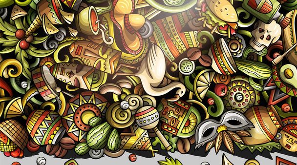 Латинская Америка нарисовала баннер с каракулями. Мультфильм подробный флаер. Латиноамериканская идентичность с предметами и символами. Латиноамериканские иллюстрации. Цветные растровые элементы фона
 - Фото, изображение