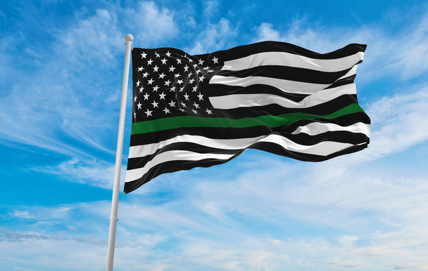 Thin Green Line USA flag waving, panoramic view, Wildlife Officers, Park Rangers, Federal Agents, Border Patrol, Military Personnel flag. copy space for wide banner. 3d illustration - Foto, Imagem