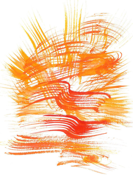 Strahlend ausdrucksstarker Sonnenaufgang in einem feurig orange-gelben Farbverlauf. Abstrakte lebendige Aquarell-Illustration in warmen Farben für gute Laune und Optimismus. Zarte wellige stilisierte Wolken mit leichtem Sonnenreflex. - Foto, Bild