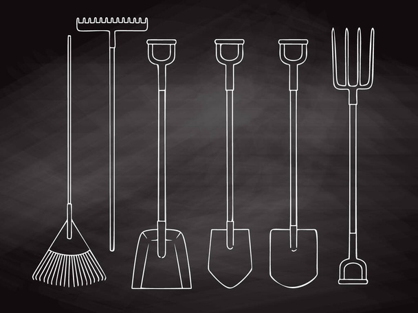Set of different garden tools. Shovel, rake, pitchfork, spade. Vector illustration in sketch style. - Вектор,изображение