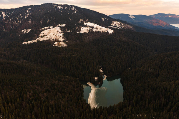 Jezero Synevyr rámované borovým lesem v Karpatech, výhled na dron, Národní park Synevyr Polyana, led na jezeře. - Fotografie, Obrázek