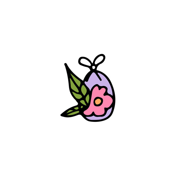 handgetekend kleurelement voor Pasen, versierd paaseieren met lint, bloem en bladeren - Vector, afbeelding