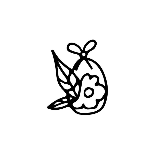 Ручной рисунок элемента контура на Пасху, украшенные пасхальное яйцо с лентой, цветок и листья - Вектор,изображение