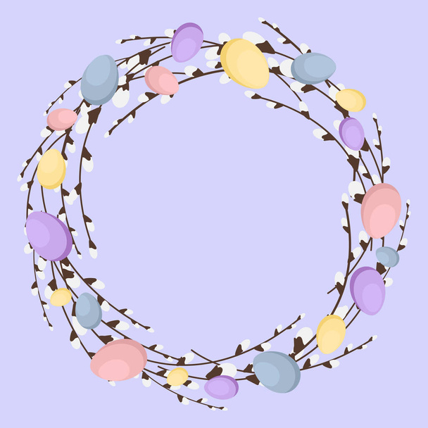 Wreath for easter. A wreath of yellow and purple, blue eggs and willow branches - Vector, afbeelding