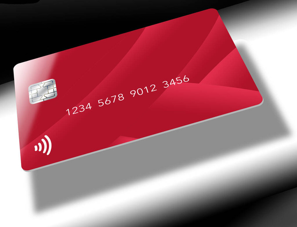 Tässä on yleinen pilkata luotto- tai pankkikortti, joka on punainen. Tämä on 3D-kuvitus ja moderni muotoilu 2022 - Valokuva, kuva
