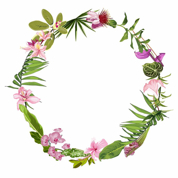 Wreath frame, border - hand painted watercolor style tropical flowers composition with palm leaves.  - Vector, Image