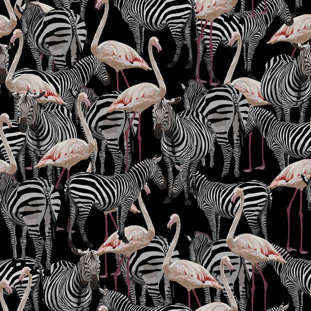 Nahtloses Muster mit Wildtieren wie Zebra und Flamingo auf schwarzem Hintergrund.  - Vektor, Bild