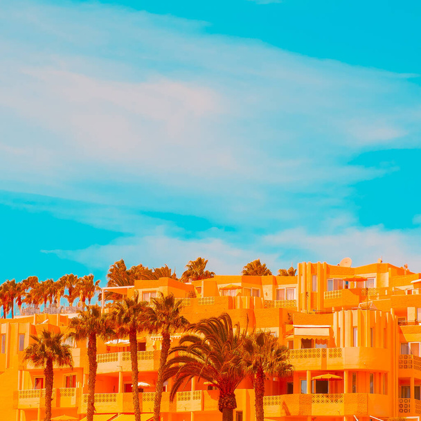 Stylish tropical location. Palm and resort view. Canary Island. Travel minimalist concept - Zdjęcie, obraz