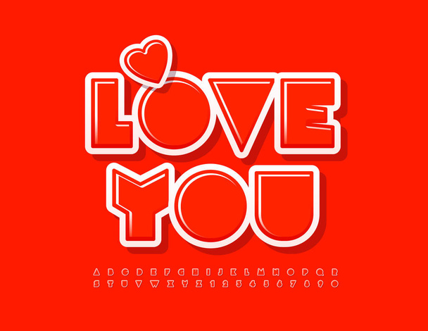 Vector creative Card Love You with decorative Heart. Sticker Red Font. Modern Bright Alphabet Letters and Numbers set - Вектор,изображение