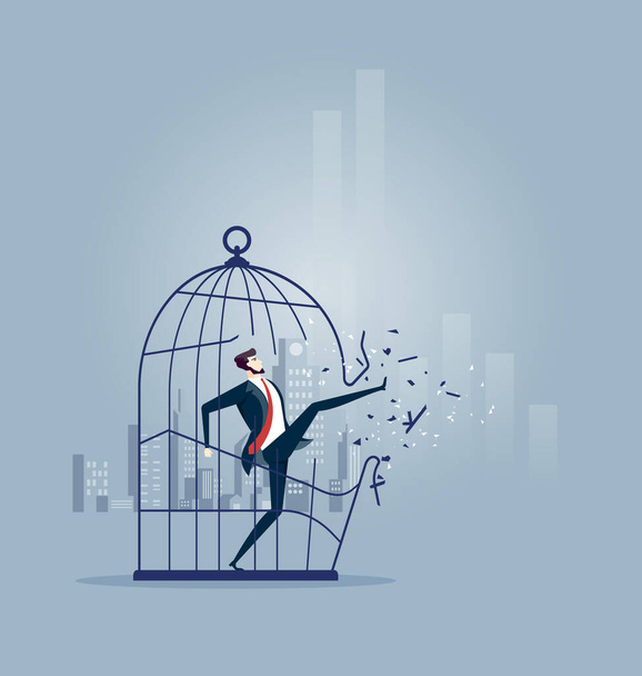 Empresario rompiendo la gran jaula de pájaros - Vector concepto de negocio - Vector, imagen