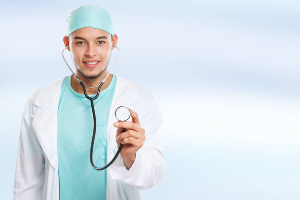 Young doctor with stethoscope heart breathing checkup check illness disease man copyspace copy space male - Foto, Imagen