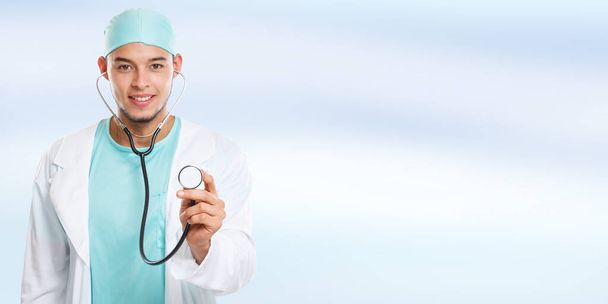 Young doctor with stethoscope heart breathing banner copyspace copy space checkup check illness disease man male - Foto, Imagen