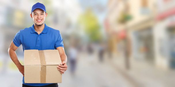 Parcel delivery service package order delivering banner job education young man town copyspace copy space outdoors - Foto, Bild