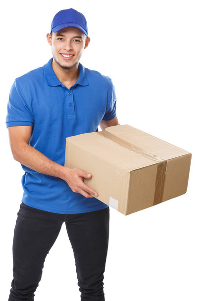 Young latin man delivering parcel delivery service package order job education isolated on a white background - Foto, afbeelding