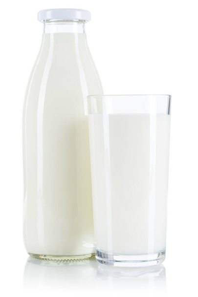 Fresh milk drink in a glass and bottle isolated on a white background - Foto, afbeelding