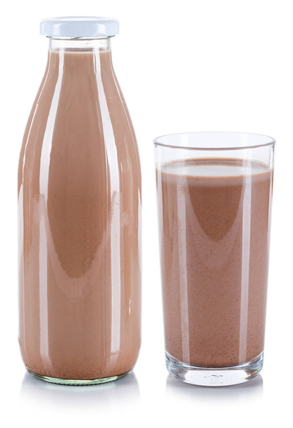 Fresh chocolate milk glass and bottle isolated on a white background - Foto, Imagen