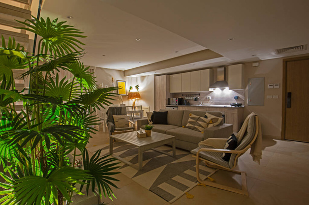 Living room lounge area in luxury holiday apartment show home showing interior design decor furnishing with open plan design at night - Photo, Image