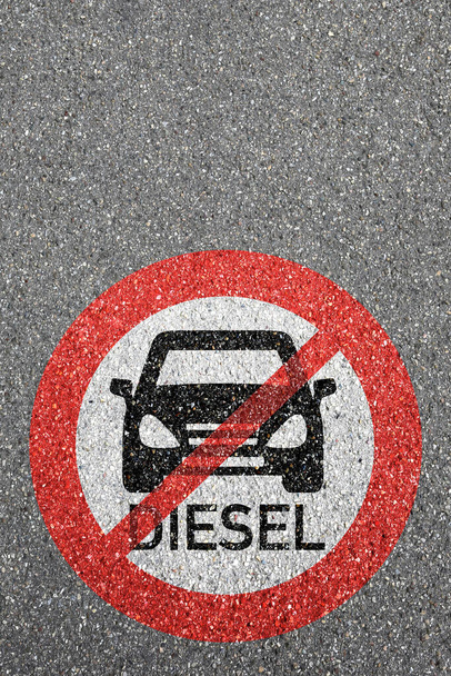 Diesel driving ban road sign street car no not allowed portrait format zone copyspace copy space - Fotó, kép
