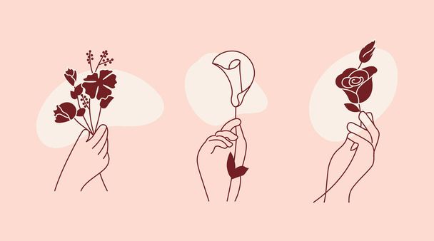 Hands with flower in trendy outline minimal style - ベクター画像