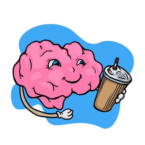 Smiling brain character with a beverage cup vector illustration - Vector, imagen