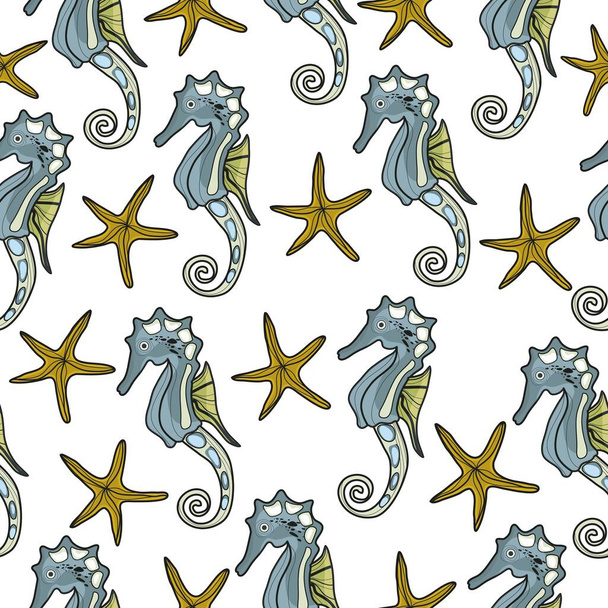 A pattern of seahorses. Ocean. Vector illustration of animals. Mammals. Marine life. Printing on fabric, wallpaper and design. A hand-drawn picture. - Вектор,изображение