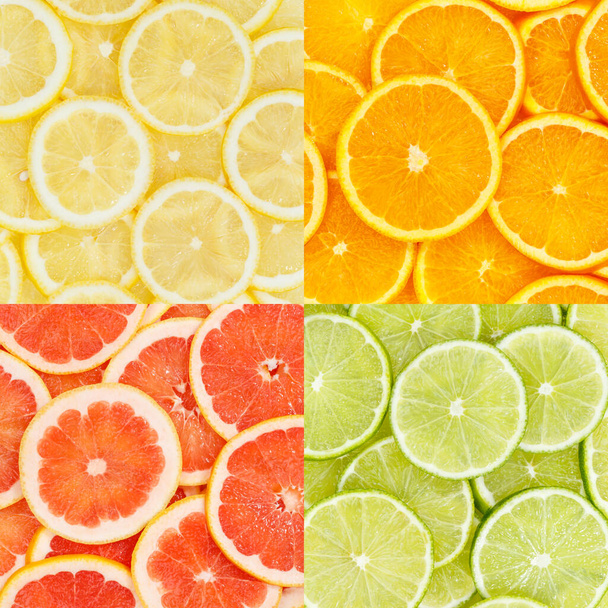 Citrus fruits oranges lemons food background collection collage set square fruit backgrounds - Photo, Image